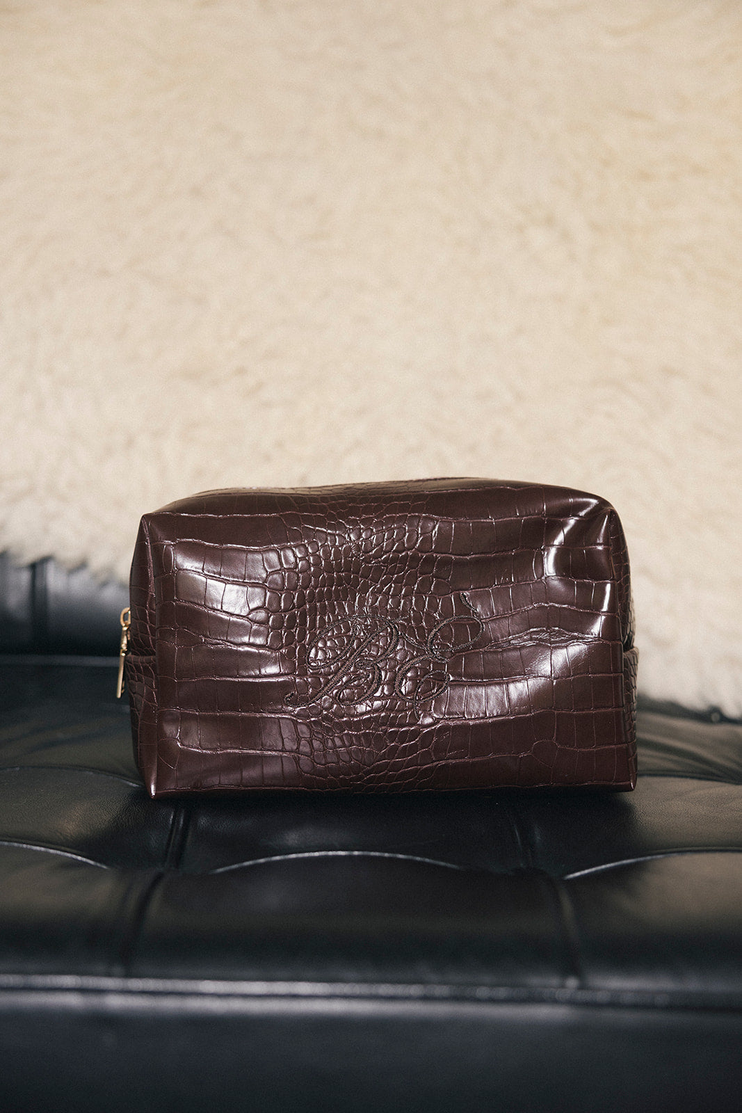 Embroidered Brown Croc Cosmetic Pochette