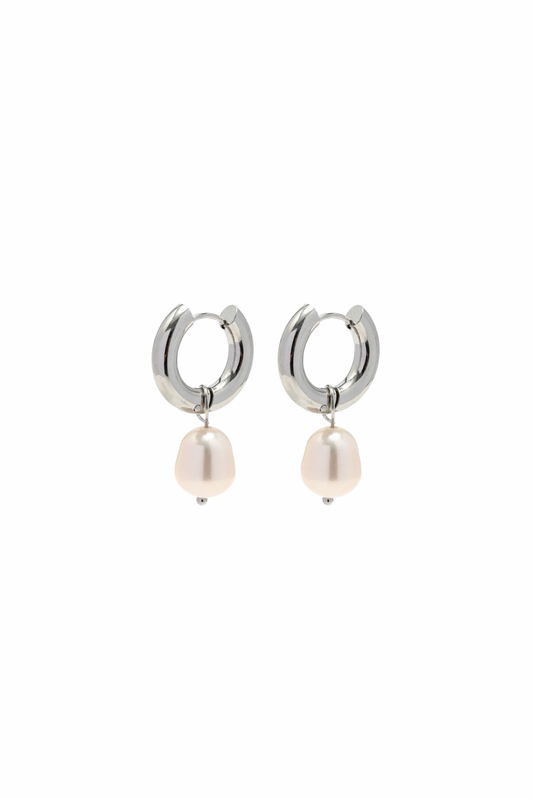 Phoebe - Silver Pearl Hoop Huggie Earrings