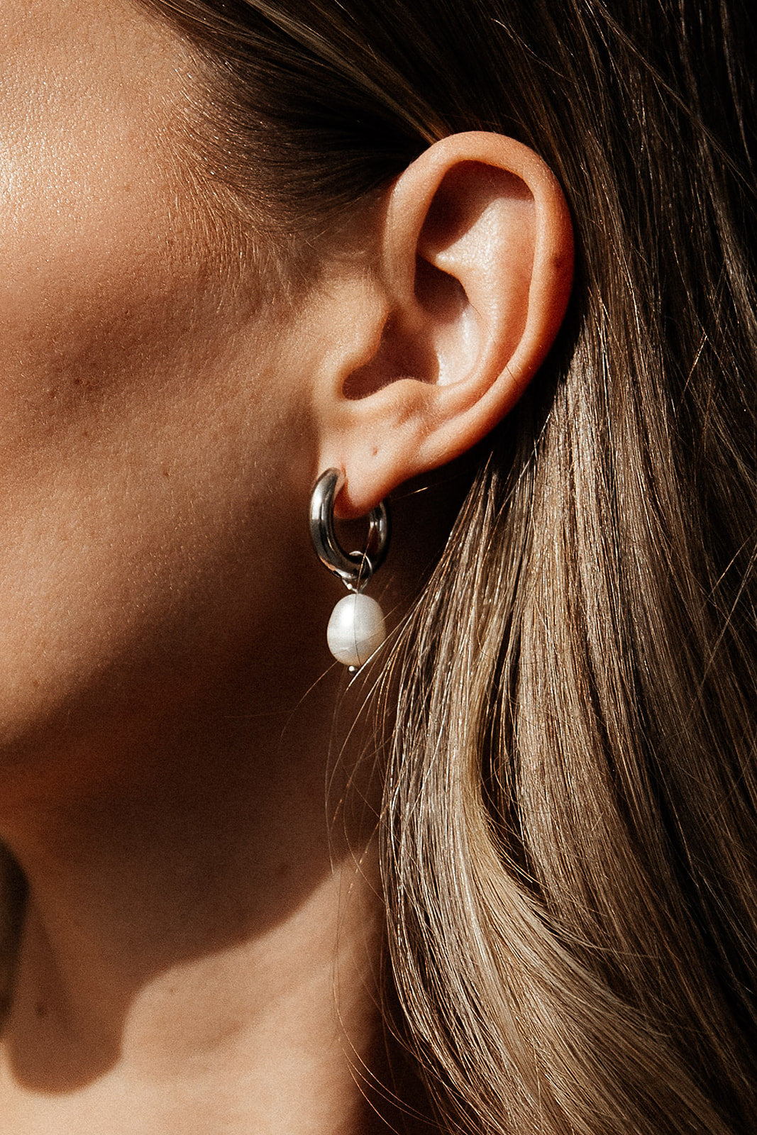 Phoebe - Silver Pearl Hoop Huggie Earrings