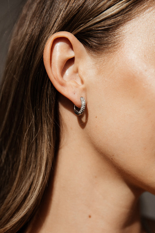 Jing - Silver Diamond Huggie Earrings
