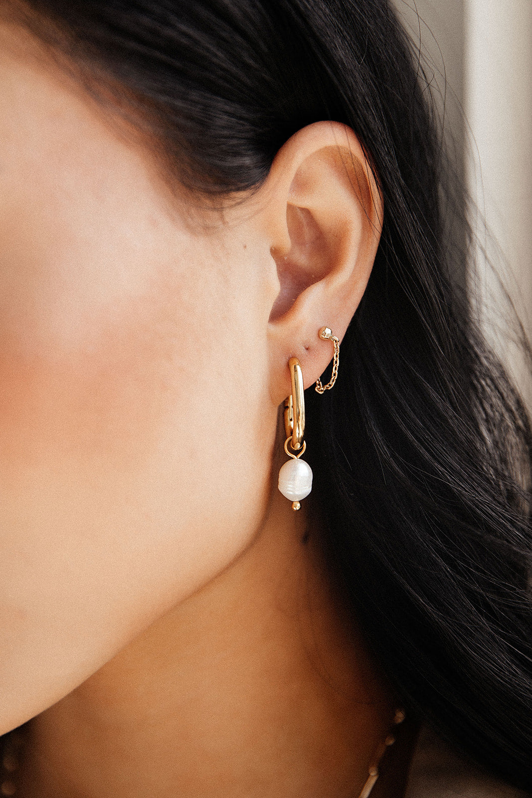 Lola - Gold Freshwater Pearl Rectangle Huggie Earrings