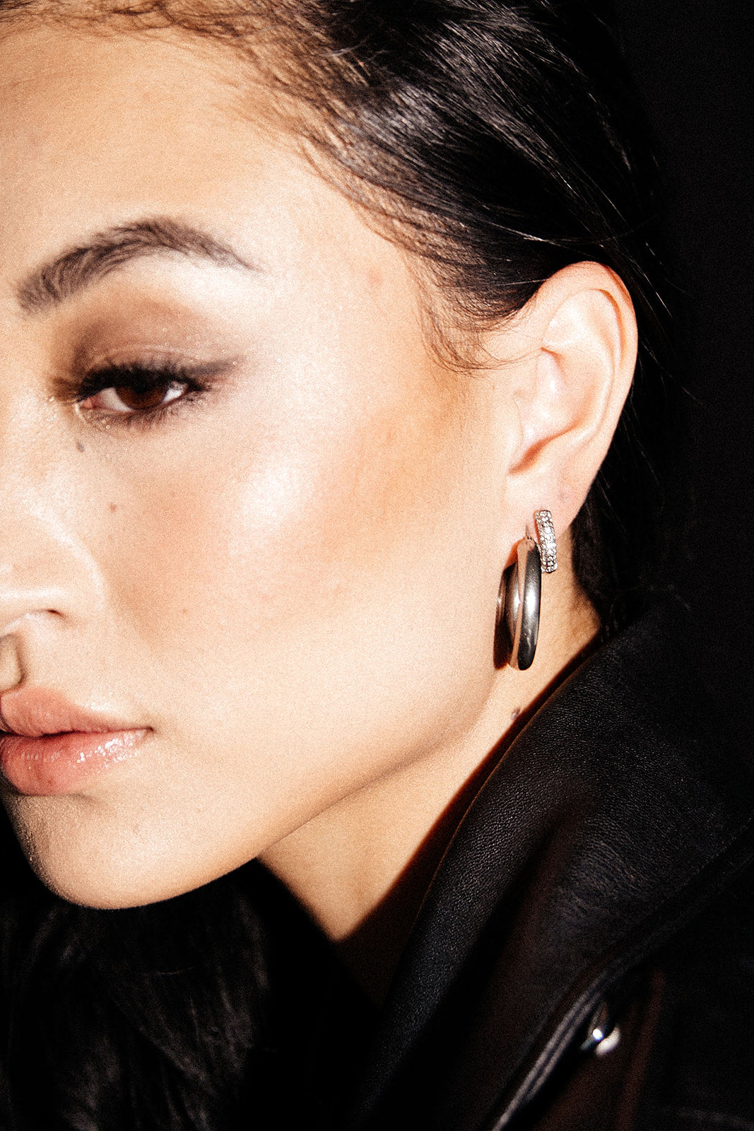 Jing - Silver Diamond Huggie Earrings