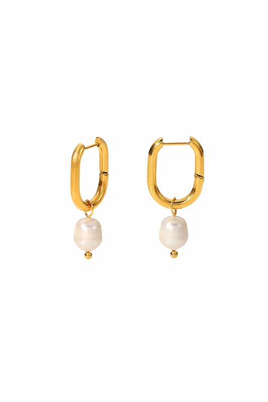 Lola - Gold Freshwater Pearl Rectangle Huggie Earrings