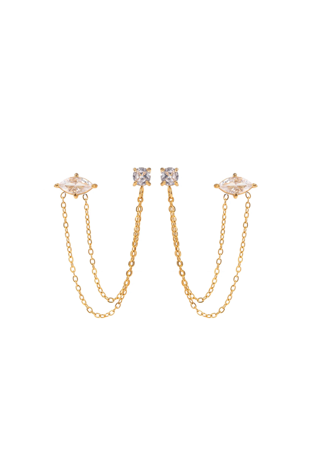 Anais- Gold Double Diamond Chain Stud Earrings