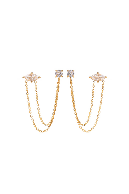 Anais- Gold Double Diamond Chain Stud Earrings