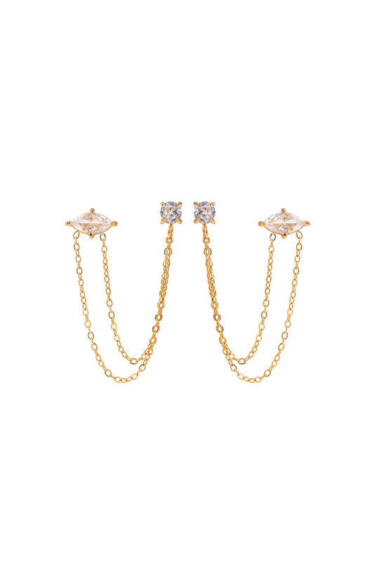 Anais- Gold Double Diamond Chain Stud Earrings