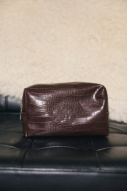 Embroidered Brown Croc Cosmetic Pochette