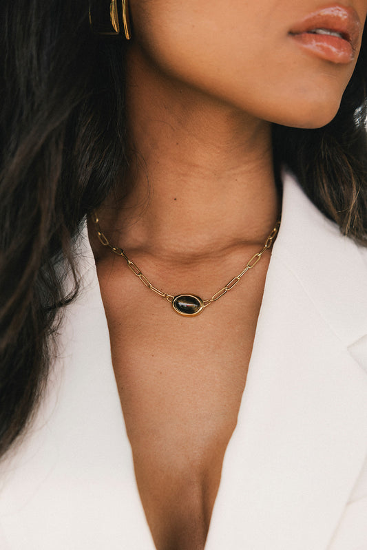 Belmont - Gold Tiger Eye Stone Paperclip Chain Necklace