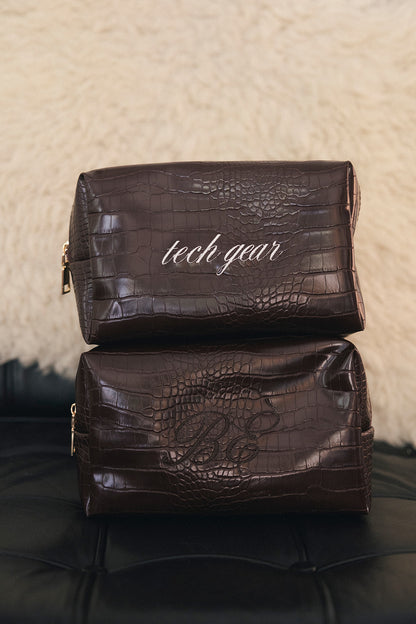Embroidered Brown Croc Cosmetic Pochette