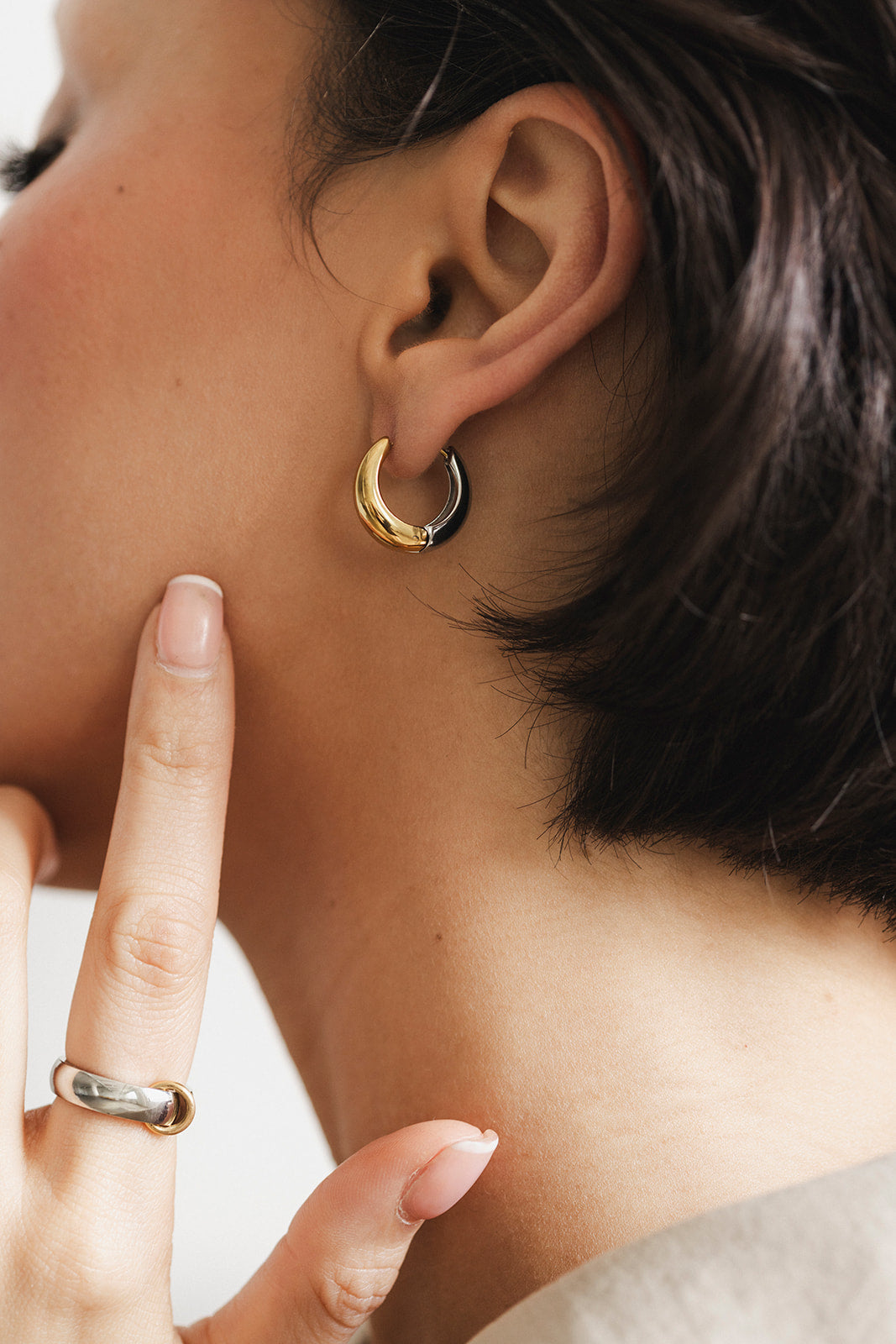 Julian - Mixed Metal Teardrop Shaped Huggie Earrings