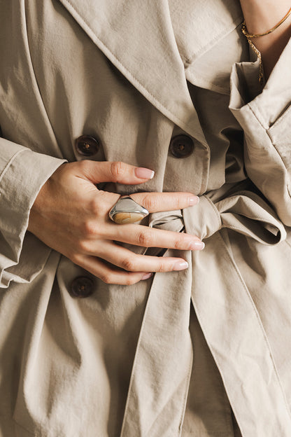 Milo - Adjustable Silver Wood Stone Ring