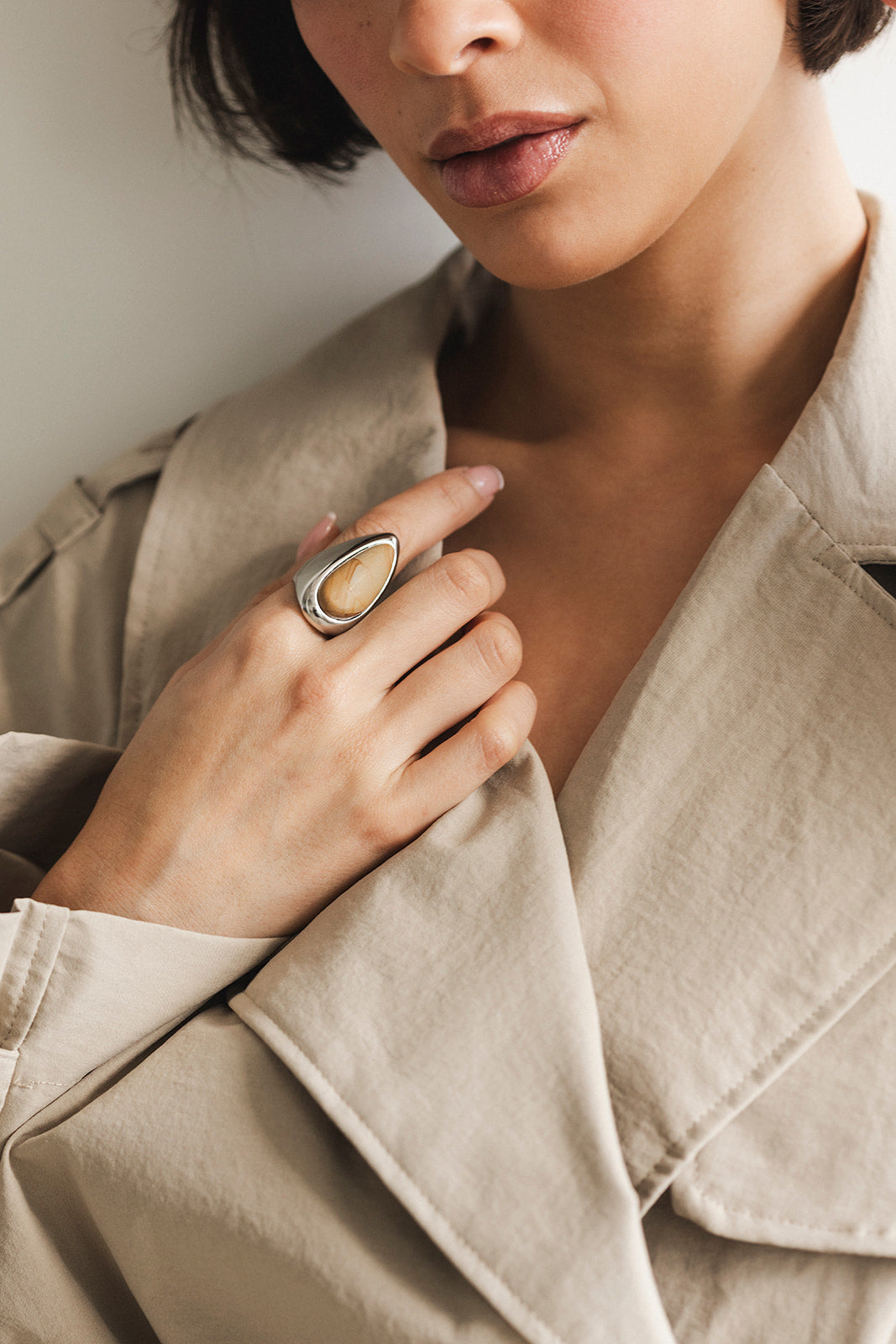 Milo - Adjustable Silver Wood Stone Ring