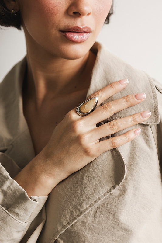 Milo - Adjustable Silver Wood Stone Ring