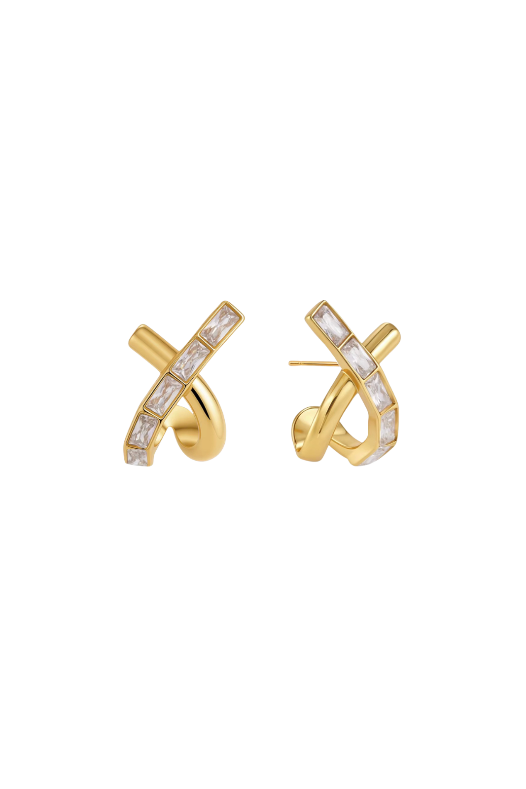 Cavalière - Gold Baguette Diamond Cross Stud Earrings