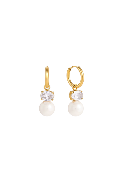 Manon - Gold Oval Diamond Pearl Huggie Earrings