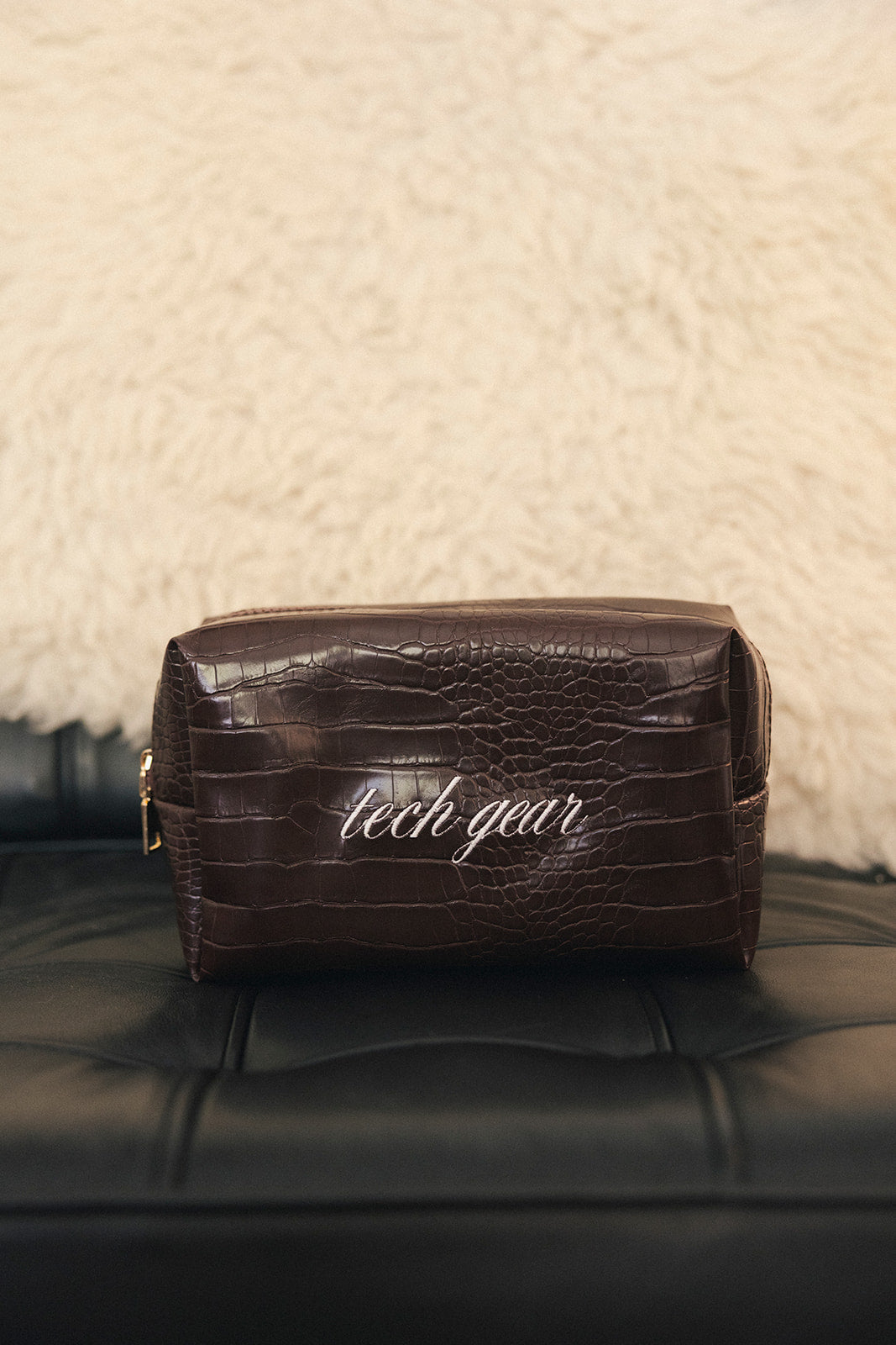 Embroidered Brown Croc Cosmetic Pochette