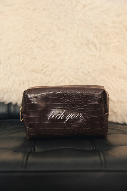 Embroidered Brown Croc Cosmetic Pochette