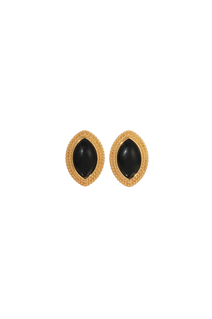 Diana - Gold Black Agate Stone Oval Stud Earrings