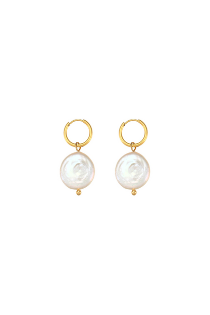 Colette - Gold Freshwater Coin Pearl Huggie Earrings