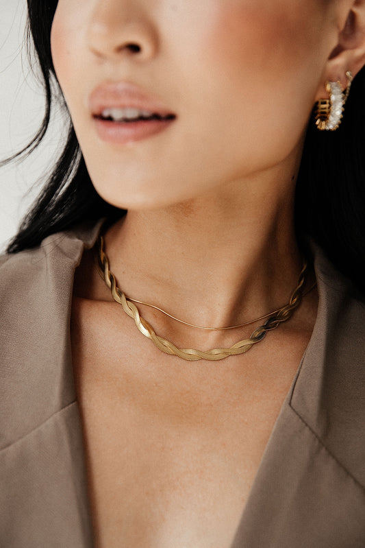Nami - Gold Double Layer Twisted Herringbone Snake Chain Necklace